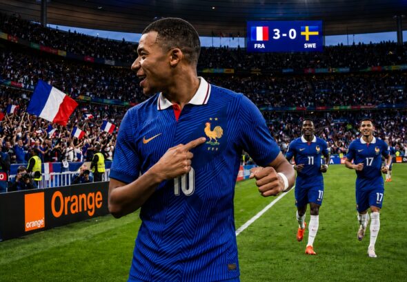 Kylian Mbappé celebrates after France beat Sweden in the FIFA World Cup knockout stage.