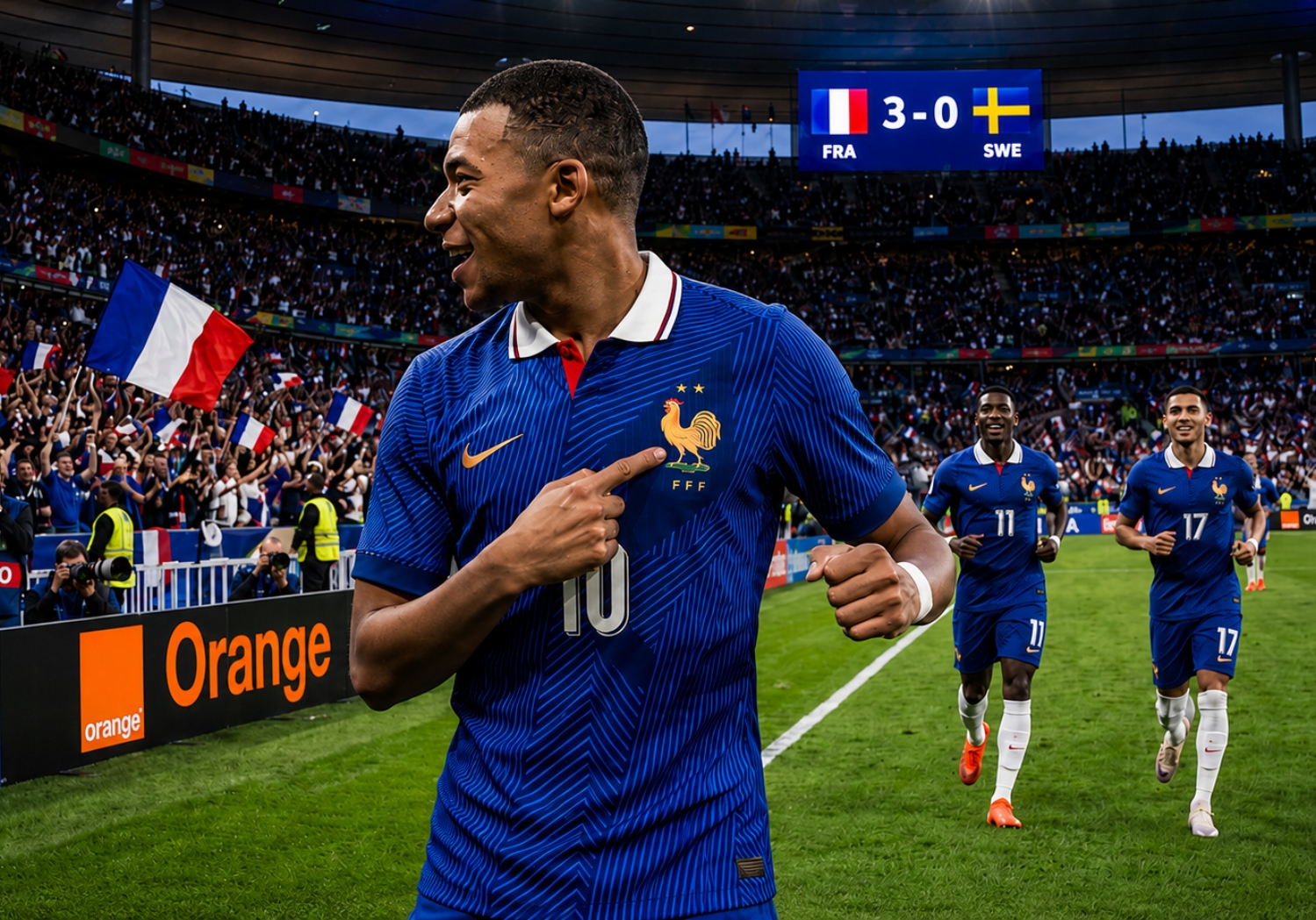 Kylian Mbappé celebrates after France beat Sweden in the FIFA World Cup knockout stage.