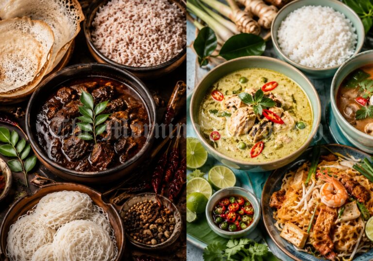 Sri Lankan vs Thai cuisine showing coconut, chili, curry leaves, lemongrass and tropical spices