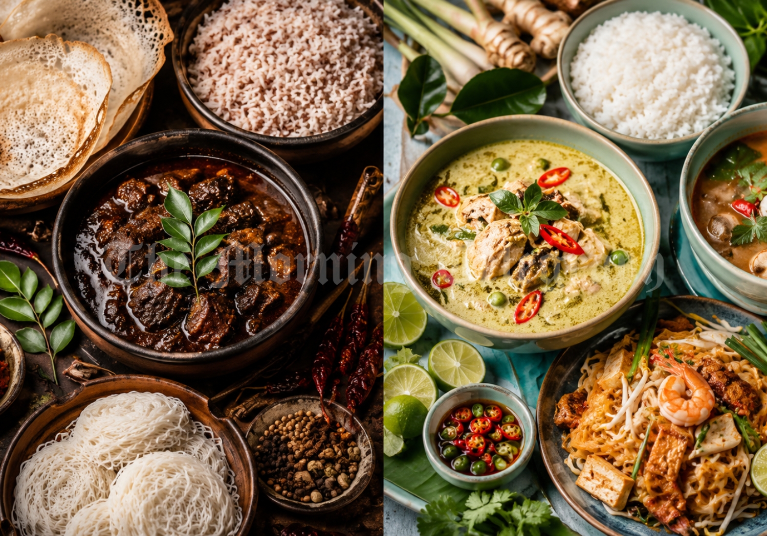Sri Lankan vs Thai cuisine showing coconut, chili, curry leaves, lemongrass and tropical spices