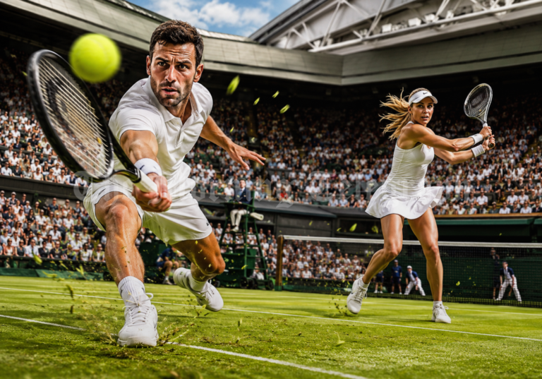 Wimbledon 2026 opening day at the All England Club with players in white on the grass courts