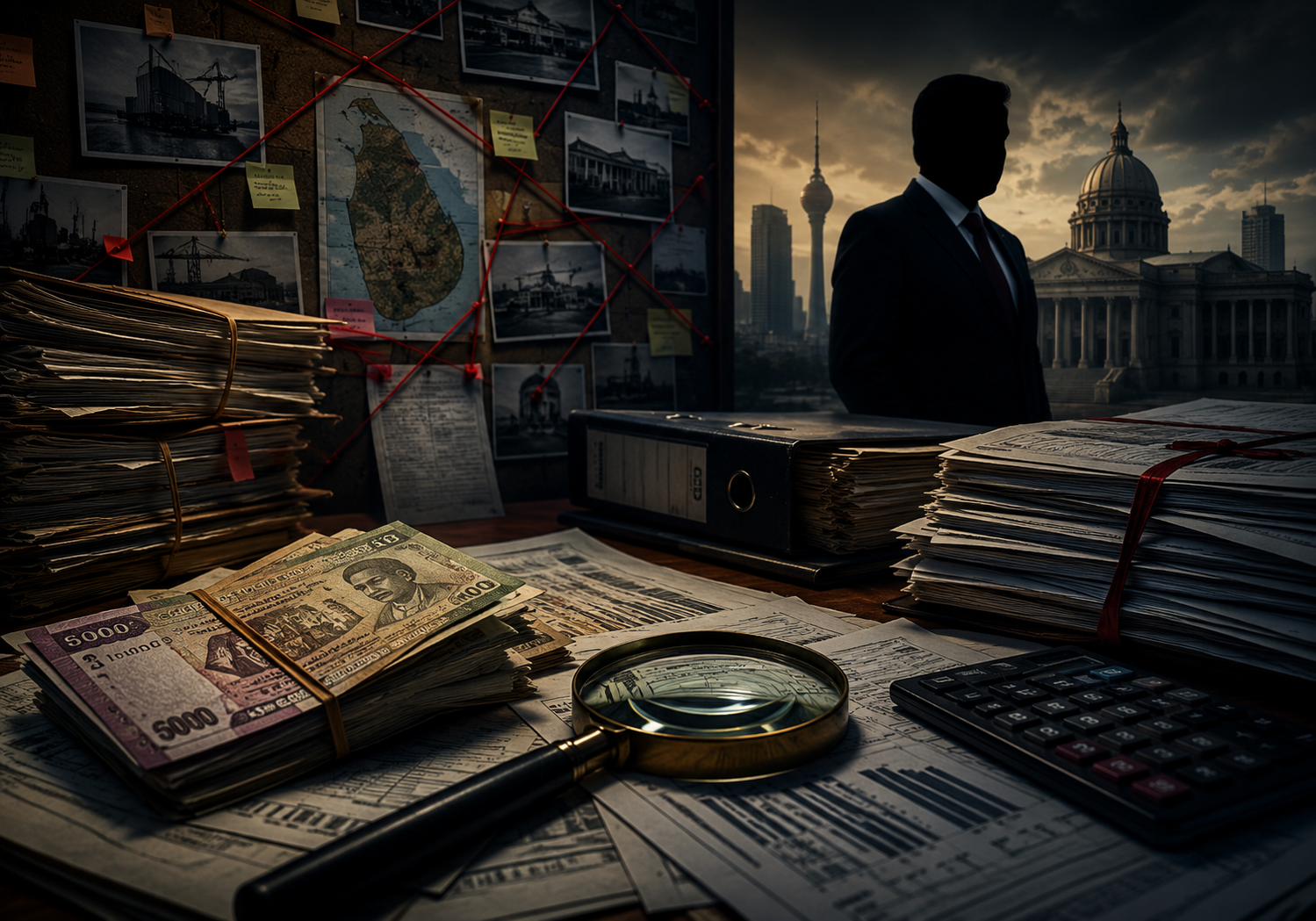 Sri Lanka VAT scam files and currency pictured amid renewed political scrutiny of historical corruption allegations.