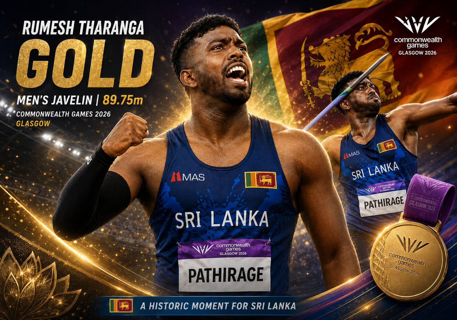 Rumesh Tharanga gold medal victory after winning the men’s javelin event at the 2026 Commonwealth Games in Glasgow