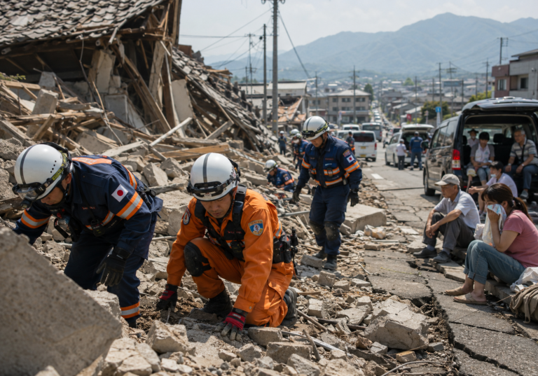 Emergency workers search rubble as the Kumamoto earthquake death toll rises following the powerful Kyushu disaster.