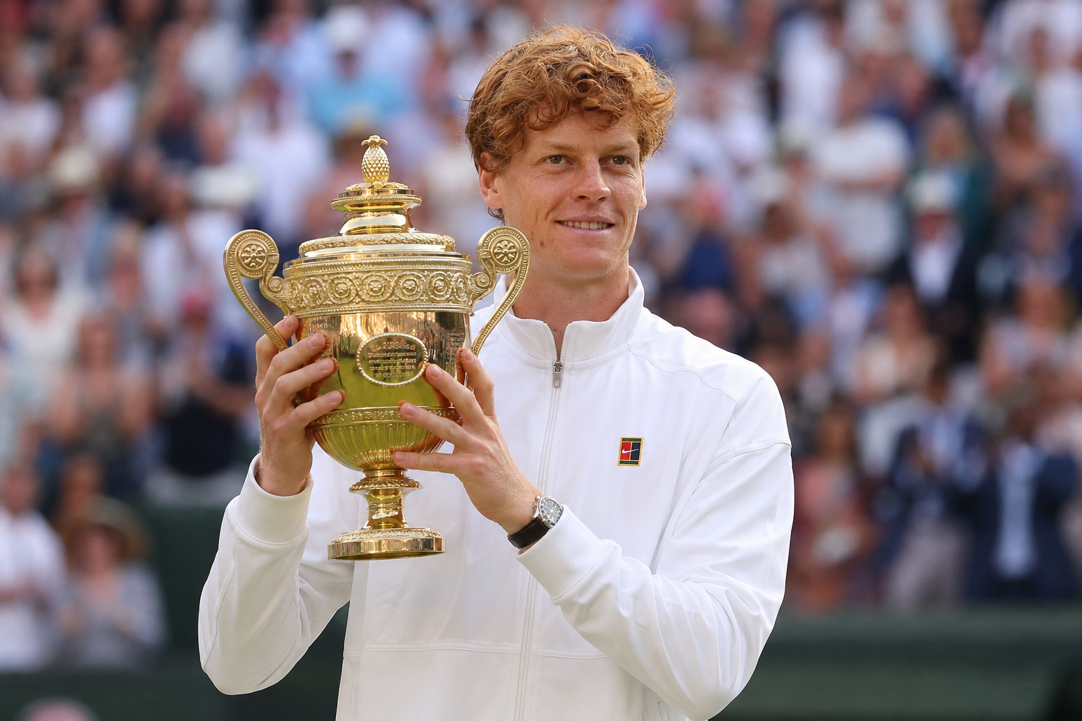 Jannik Sinner celebrates his Wimbledon title victory over Alexander Zverev on Centre Court