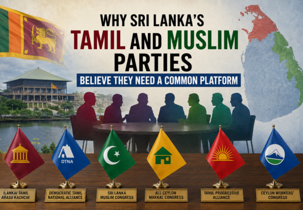 Leaders of the Sri Lanka minority parties platform at a joint political media briefing in Colombo