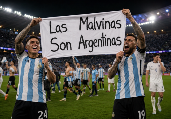 Lisandro Martínez and Giovani Lo Celso displaying the Argentina Falklands banner after defeating England
