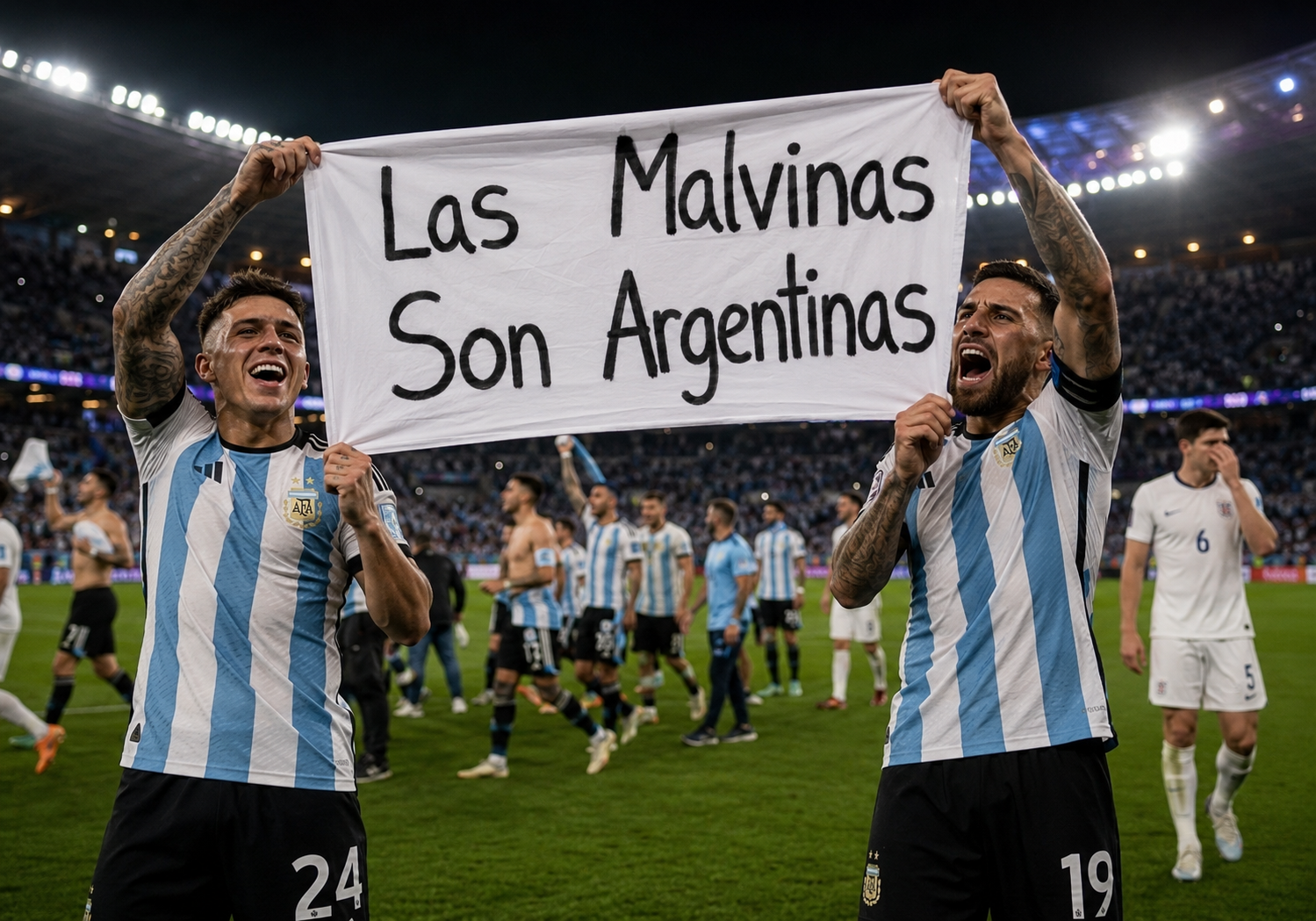 Lisandro Martínez and Giovani Lo Celso displaying the Argentina Falklands banner after defeating England