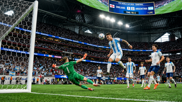Argentina vs England players contest the 2026 FIFA World Cup semifinal at Mercedes-Benz Stadium in Atlanta.