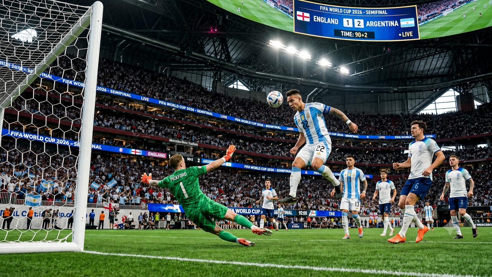 Argentina vs England players contest the 2026 FIFA World Cup semifinal at Mercedes-Benz Stadium in Atlanta.