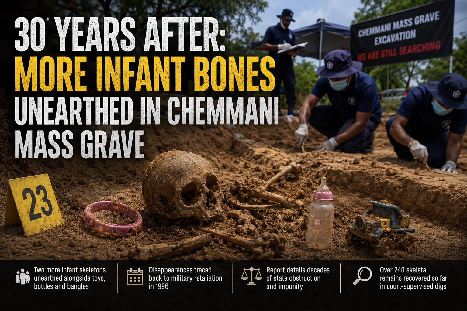 Investigators excavating the Chemmani mass grave in Jaffna, where skeletal remains of two more infants were reportedly discovered.
