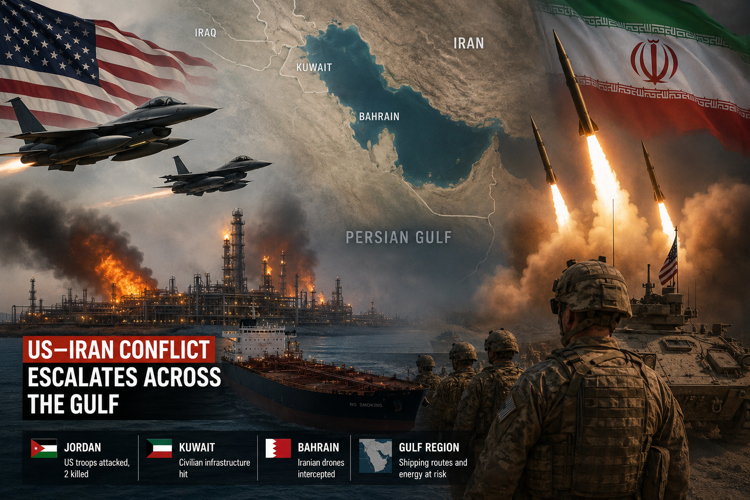 US Iran war escalation spreading across Jordan, Kuwait, Bahrain and critical Gulf infrastructure