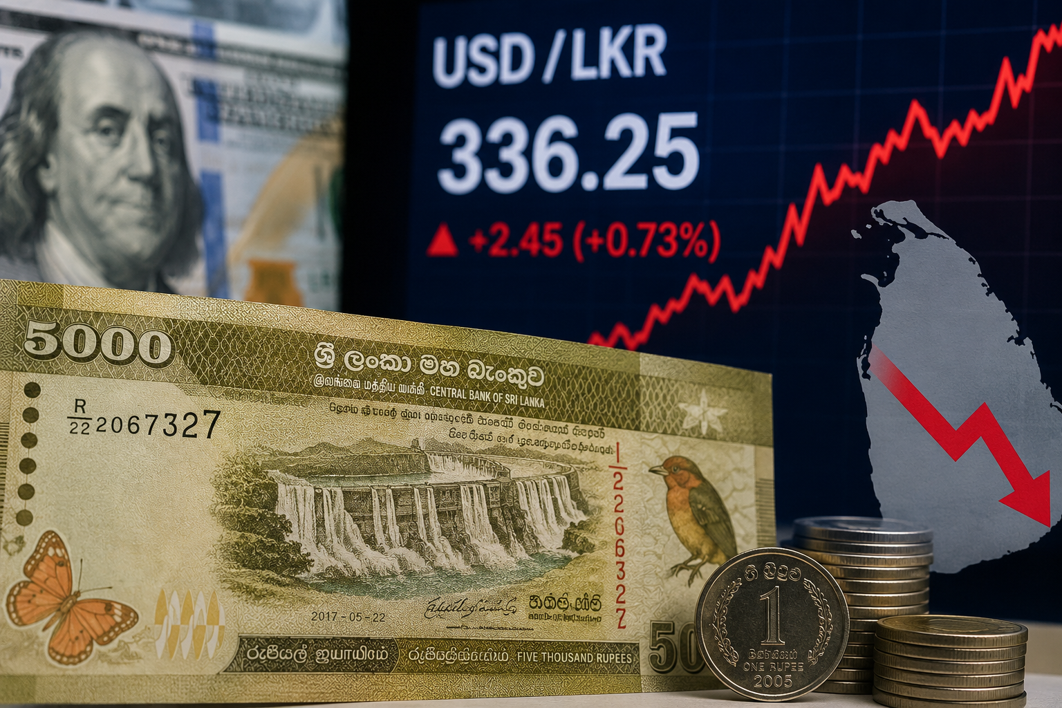 Sri Lankan rupee depreciation shown through currency notes, a falling exchange-rate chart and rising demand for US dollars