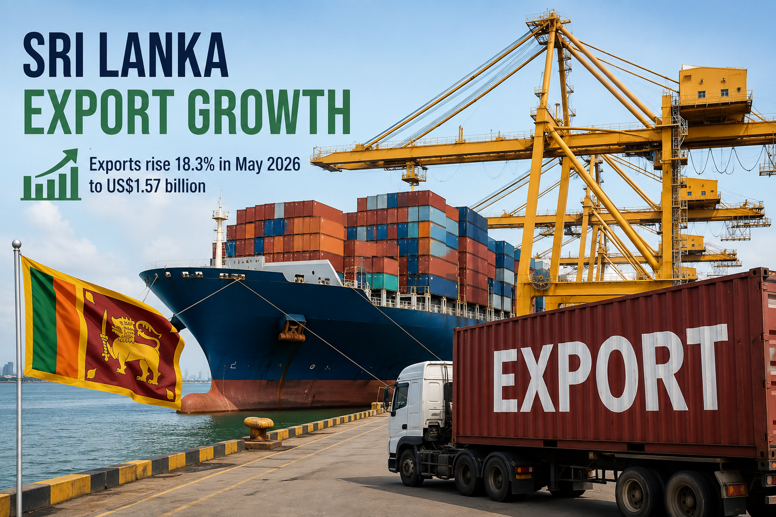 Sri Lanka export growth represented by cargo containers and cranes operating at Colombo Port