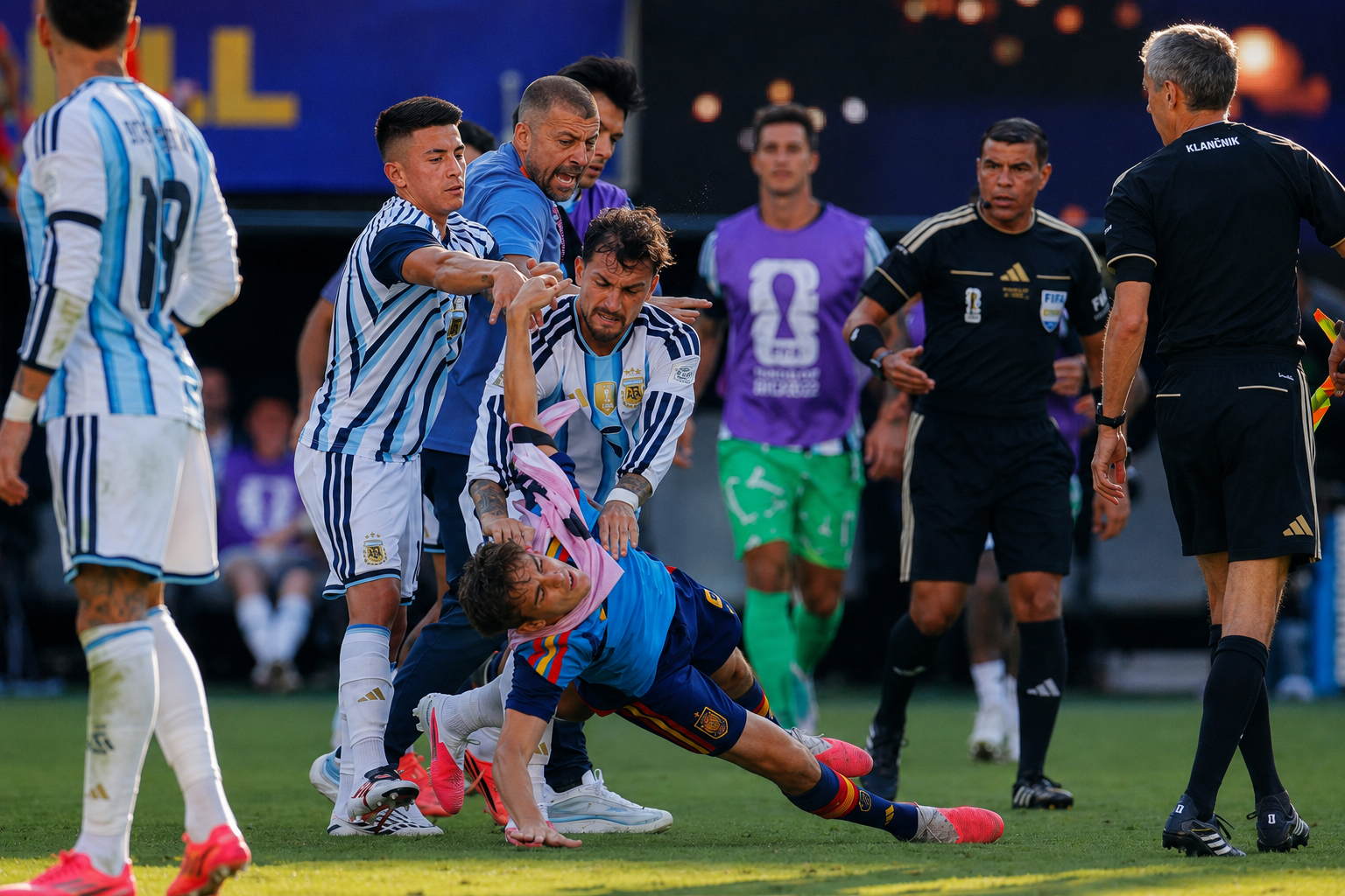 World Cup final brawl involving Spain and Argentina players after the final whistle