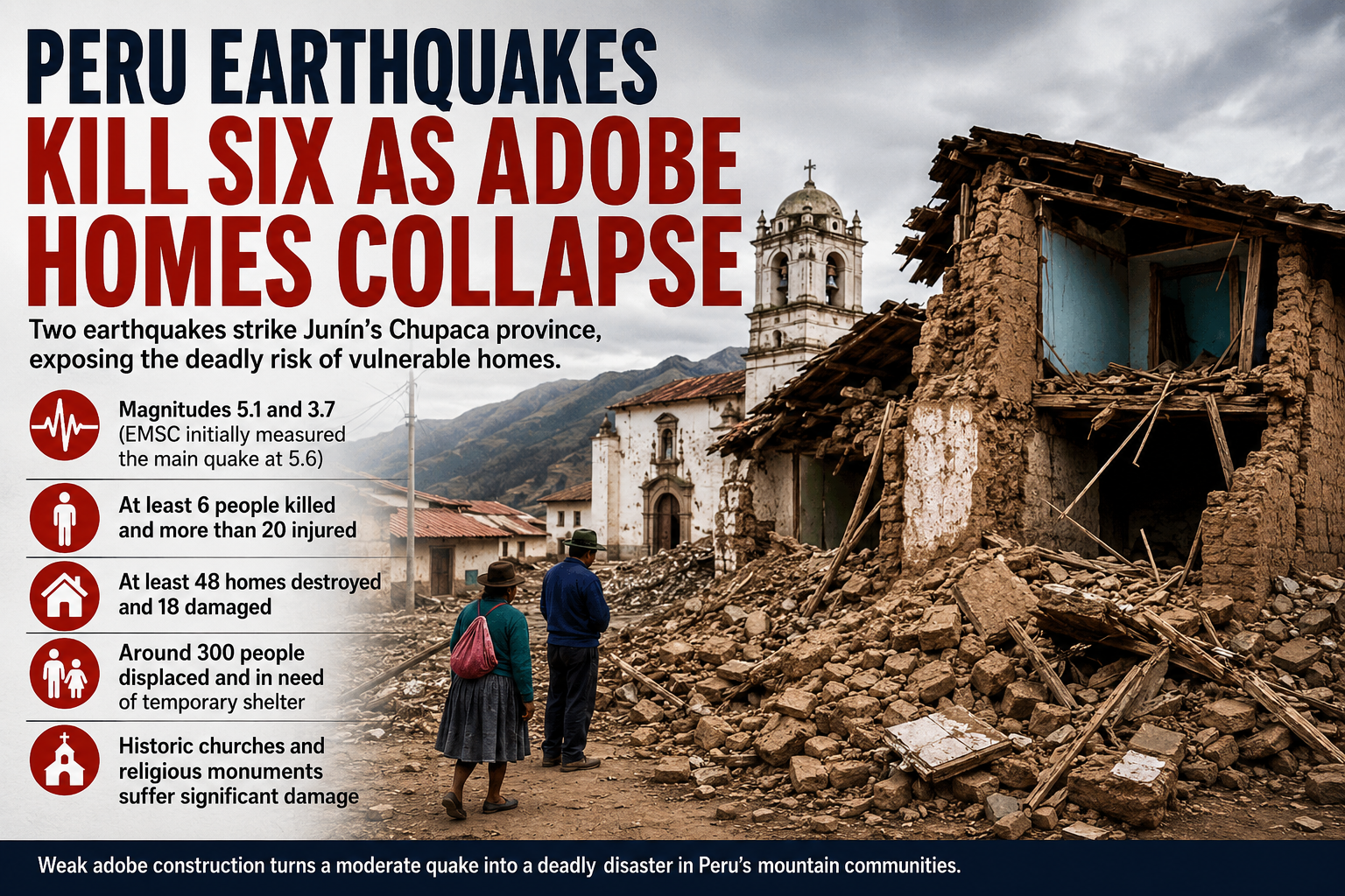 Peru earthquakes damage adobe homes and historic buildings across Chupaca province in Junín