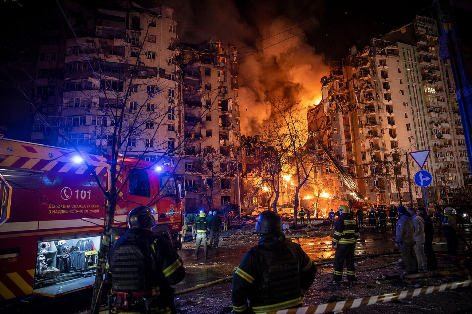 Emergency crews respond after the Kyiv ballistic missile attack damaged residential and commercial buildings