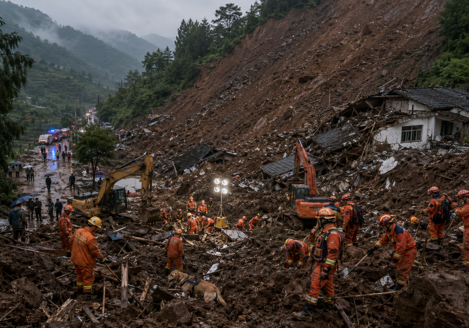 China landslide rescue workers searching debris from buried homes in Pengshui County, Chongqing