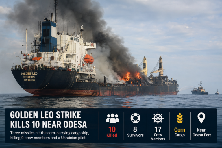 Golden Leo strike leaves a corn-carrying cargo ship burning near Ukraine’s Odesa port
