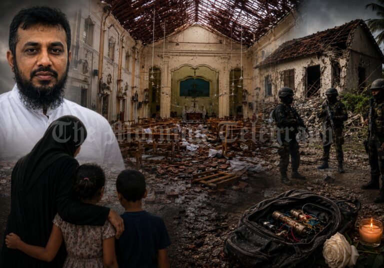 Easter Sunday attackers network shown through a dark abstract scene of safe houses, explosives and Colombo skyline