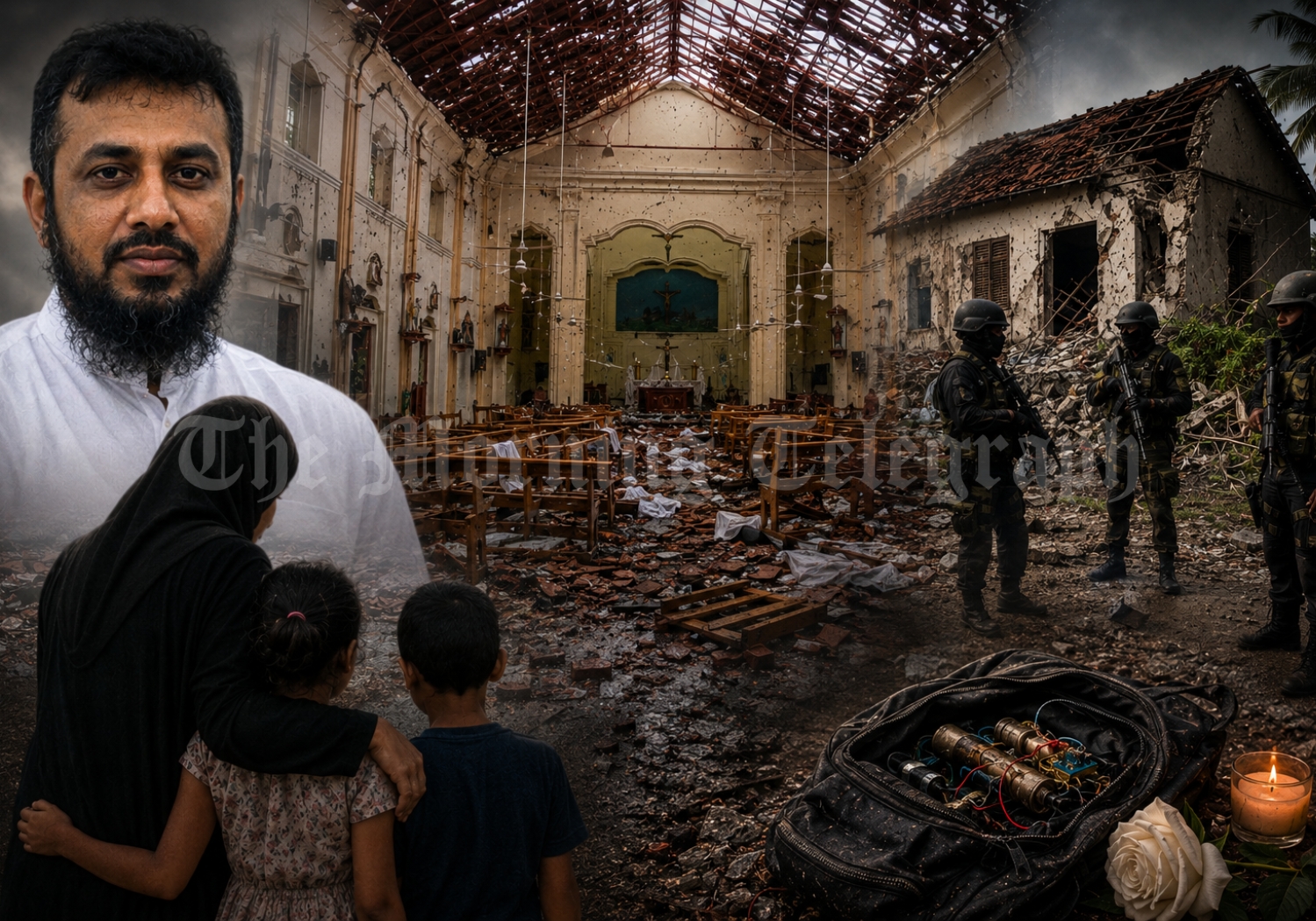 Easter Sunday attackers network shown through a dark abstract scene of safe houses, explosives and Colombo skyline