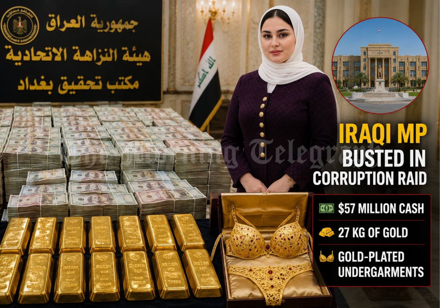 Iraq corruption raid showing seized cash, gold bars and gem-set gold lingerie linked to a Baghdad lawmaker