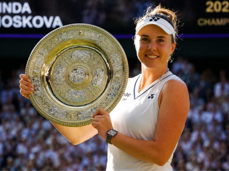 Linda Noskova celebrates her Wimbledon victory after defeating Karolina Muchova on Centre Court
