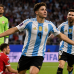 Argentina vs Switzerland quarterfinal as Julián Alvarez celebrates his decisive extra-time goal at Kansas City Stadium.