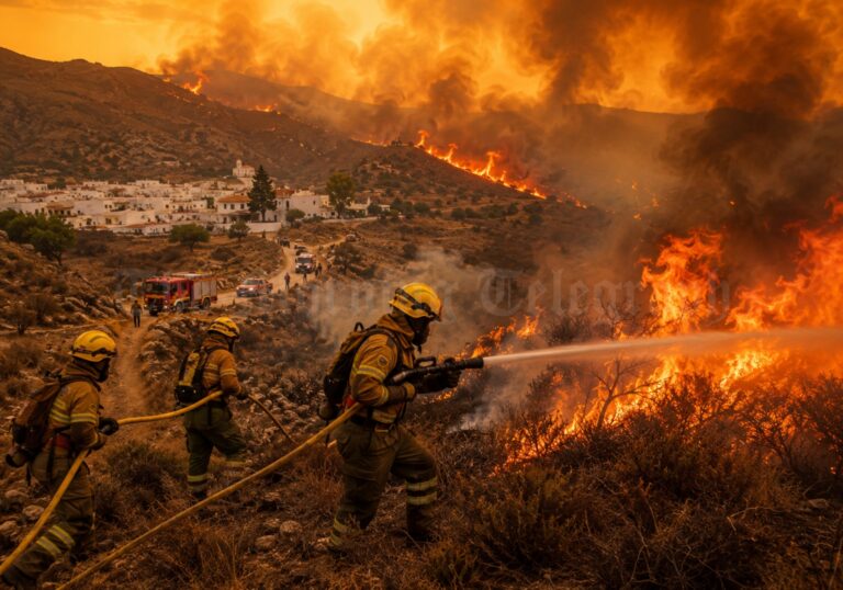 Spain wildfire smoke rising over Almería as emergency crews battle flames during extreme heat