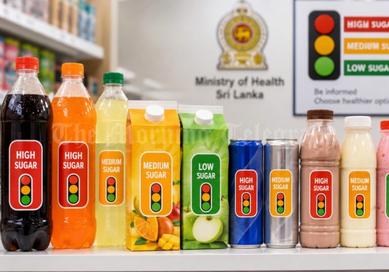 Pre-packaged drinks in Sri Lanka displaying traffic light labeling for sugar levels