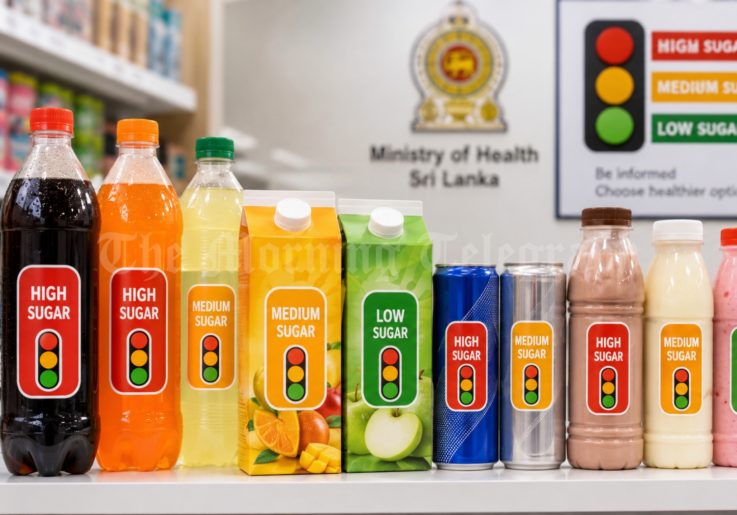 Pre-packaged drinks in Sri Lanka displaying traffic light labeling for sugar levels