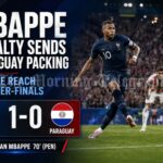 Kylian Mbappe celebrates after scoring the winning penalty for France against Paraguay