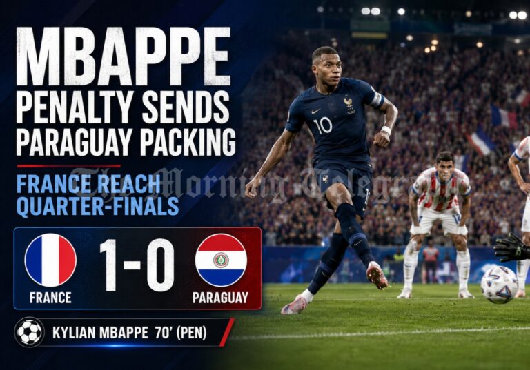 Kylian Mbappe celebrates after scoring the winning penalty for France against Paraguay