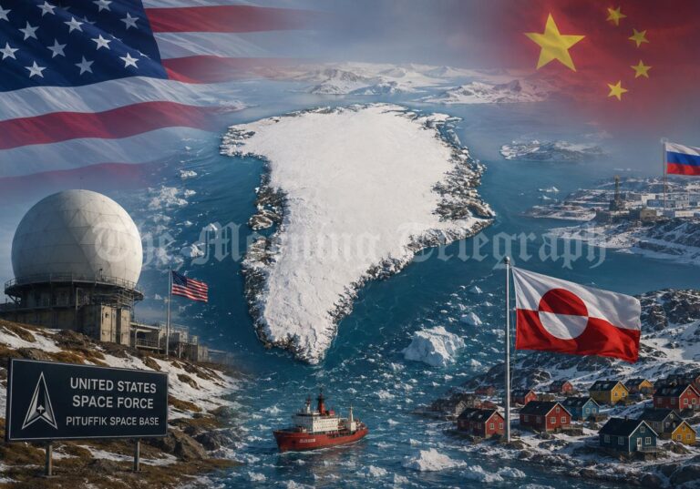 Greenland geopolitical importance shown through Arctic ice, military routes and global power competition
