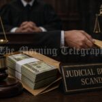 Courtroom scales and gavel symbolizing a judicial bribery scandal involving alleged political and legal influence.
