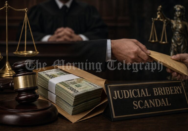 Courtroom scales and gavel symbolizing a judicial bribery scandal involving alleged political and legal influence.