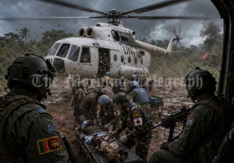 Sri Lankan aircrew rescue team operating a UN Mi-17 helicopter during a medical evacuation mission in Central African Republic.