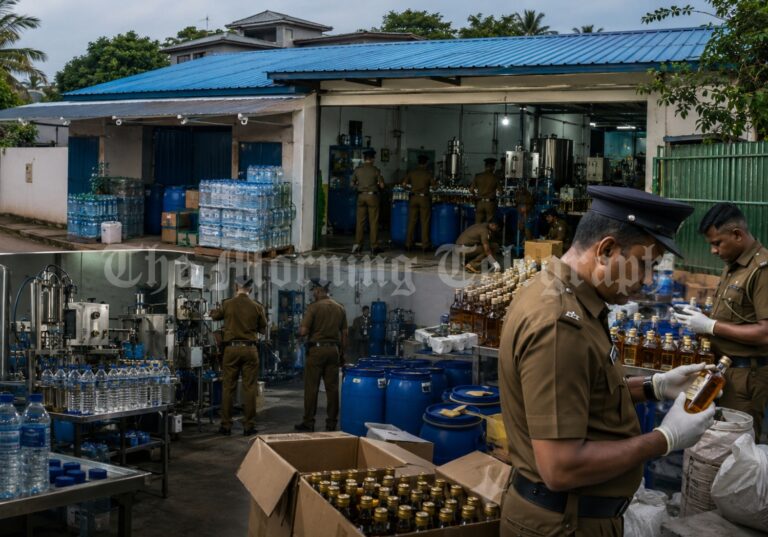 Police raid an illegal liquor factory hidden inside a licensed water bottling plant in Malabe