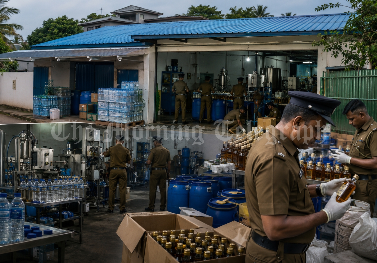 Police raid an illegal liquor factory hidden inside a licensed water bottling plant in Malabe