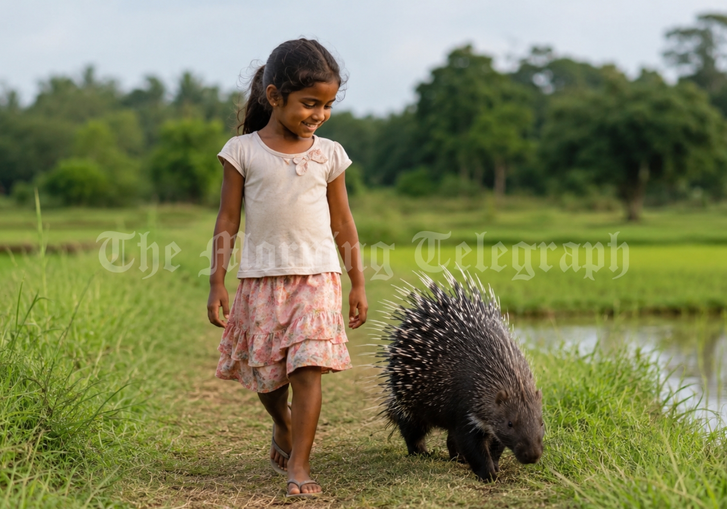 Swetha Punchandi walking through Polonnaruwa paddy fields in a wild porcupine video that went viral online