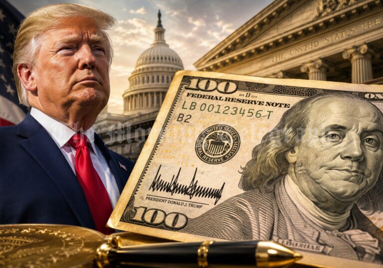 Trump $100 bill design showing the president’s signature on U.S. paper currency