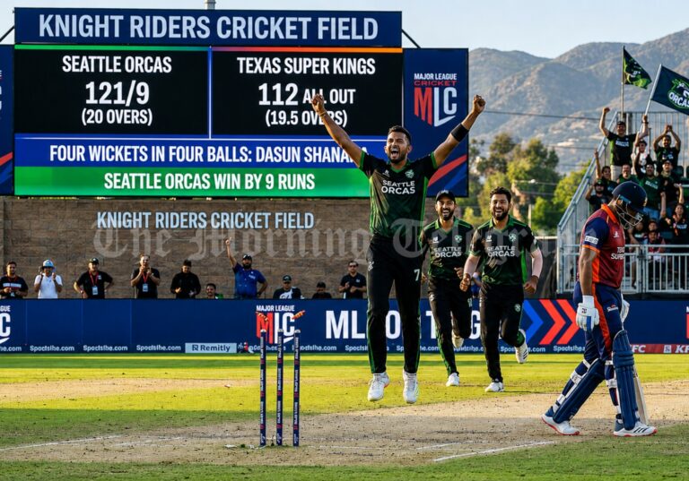 Dasun Shanaka celebrates after taking four wickets in four balls for Seattle Orcas against Texas Super Kings