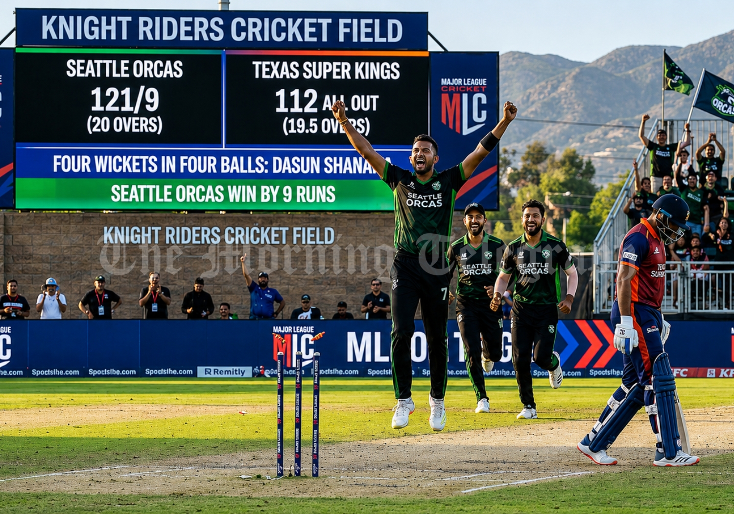Dasun Shanaka celebrates after taking four wickets in four balls for Seattle Orcas against Texas Super Kings