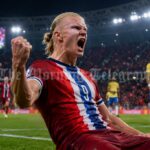 Erling Haaland celebrates during Norway vs Brazil after scoring twice in the 2026 FIFA World Cup Round of 16