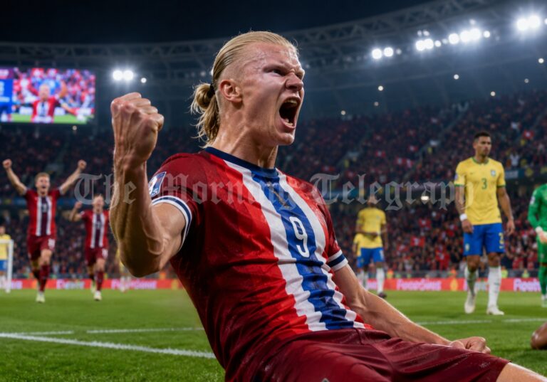 Erling Haaland celebrates during Norway vs Brazil after scoring twice in the 2026 FIFA World Cup Round of 16