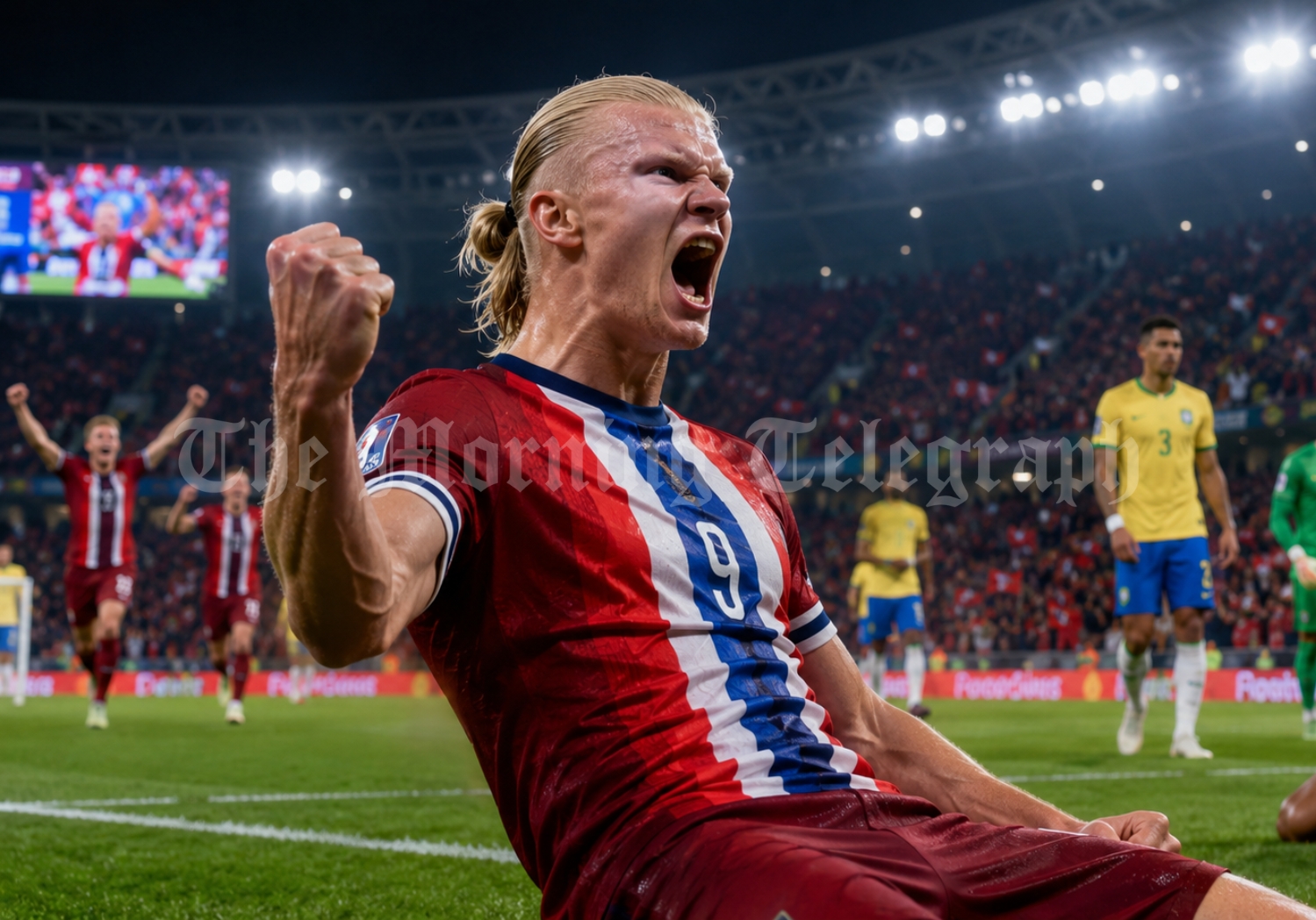 Erling Haaland celebrates during Norway vs Brazil after scoring twice in the 2026 FIFA World Cup Round of 16