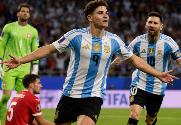 Argentina vs Switzerland quarterfinal as Julián Alvarez celebrates his decisive extra-time goal at Kansas City Stadium.