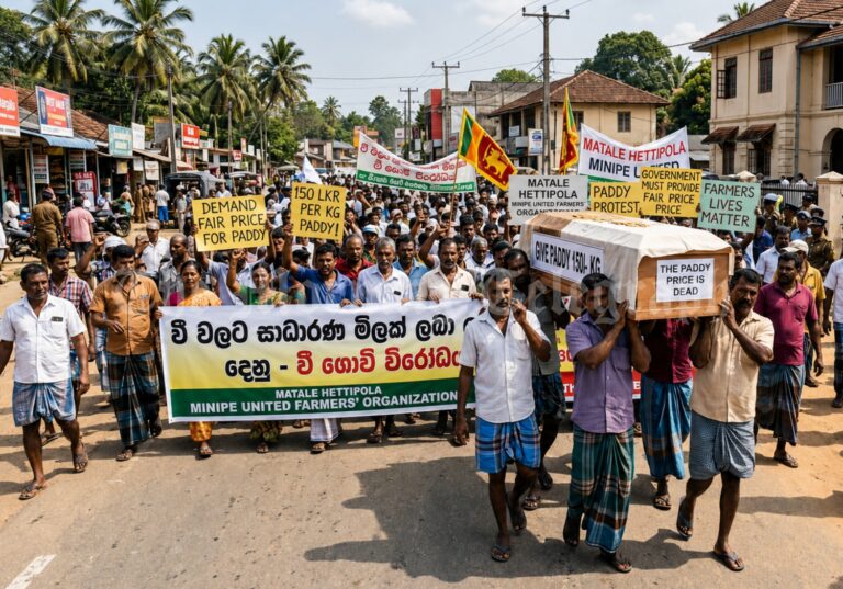Paddy farmers protest in Hettipola with coffin and banners demanding fair paddy prices