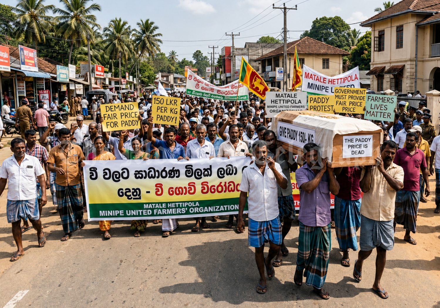 Paddy farmers protest in Hettipola with coffin and banners demanding fair paddy prices