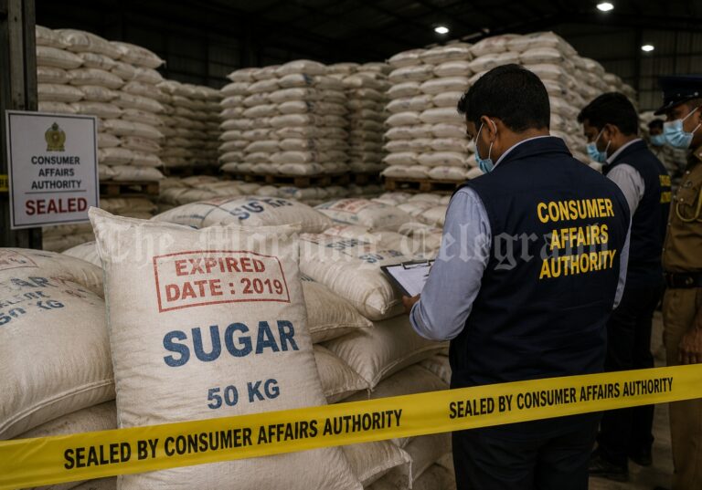 Consumer officers inspect expired sugar stock sealed at a Peliyagoda warehouse